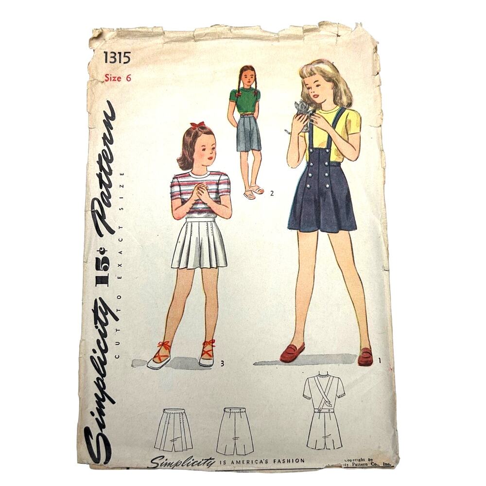 Simplicity Vintage 1940's Pattern #1315‎ Children's Shorts Size 6